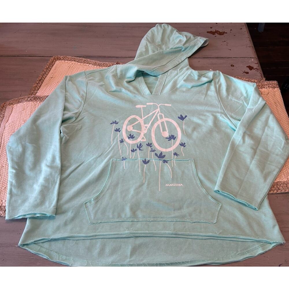 Marushka Seafoam Green White Bicycle Flowers Hooded Pullover Women’s Sz XL
